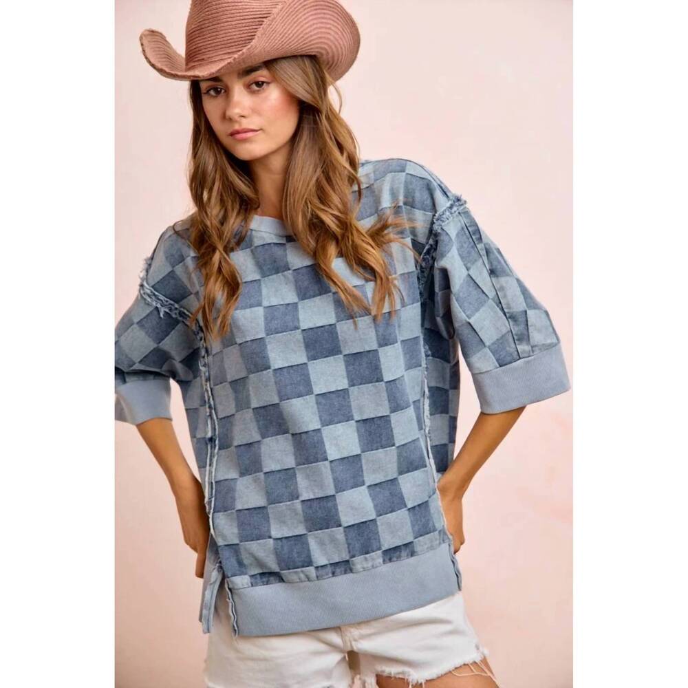 NEW BIBI open seam detail short sleeve top in blue - Picture 1 of 3